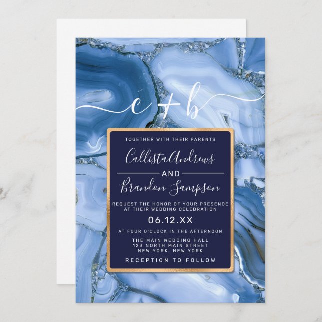 Modern Navy Blue Marble Agate Monogram Wedding Invitation (Front/Back)