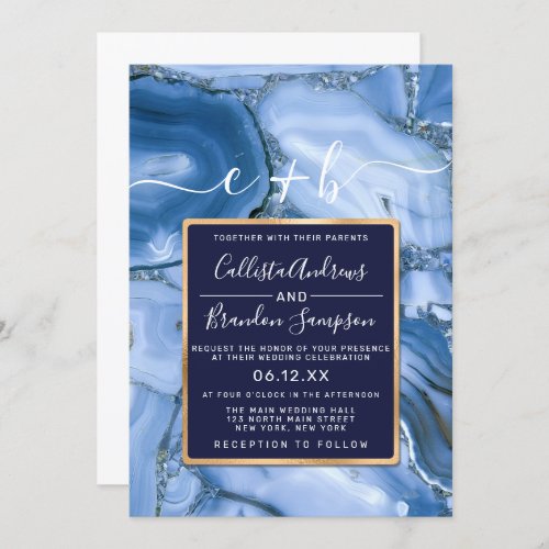 Modern Navy Blue Marble Agate Monogram Wedding Invitation