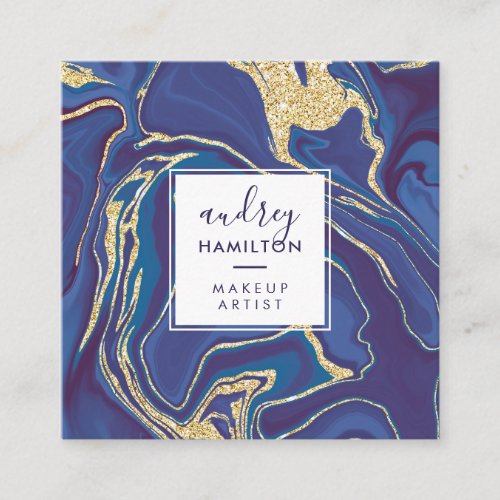 Modern navy blue marble chic gold glitter makeup square business card