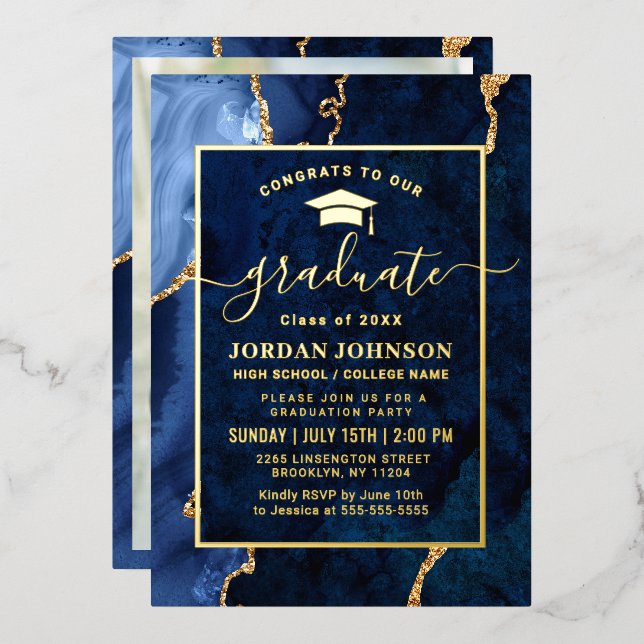 Modern Navy Blue Marble Graduation Party Gold Foil Invitation (Front/Back)