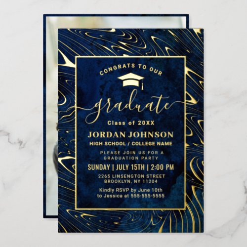 Modern Navy Blue Marble Graduation Party Gold Foil Invitation