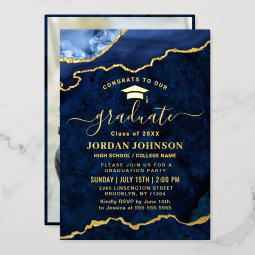 Modern Navy Blue Marble Graduation Party Gold Foil Invitation