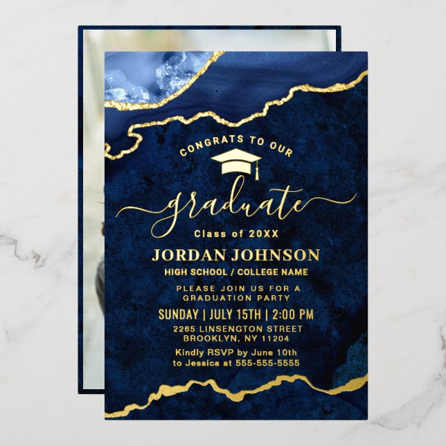 Modern Navy Blue Marble Graduation Party Gold Foil Invitation (Front/Back)