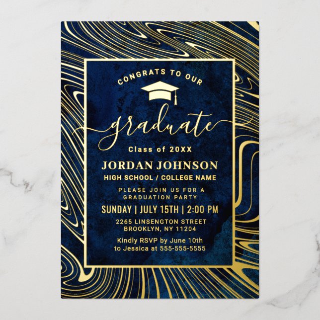 Modern Navy Blue Marble Graduation Party Gold Foil Invitation (Front)