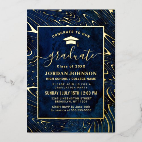 Modern Navy Blue Marble Graduation Party Gold Foil Invitation