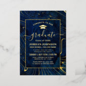 Modern Navy Blue Marble Graduation Party Gold Foil Invitation (Standing Front)