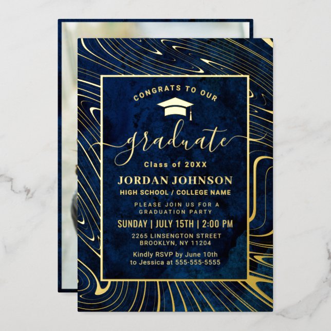 Modern Navy Blue Marble Graduation Party Gold Foil Invitation (Front/Back)