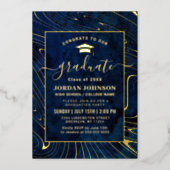 Modern Navy Blue Marble Graduation Party Gold Foil Invitation (Front)