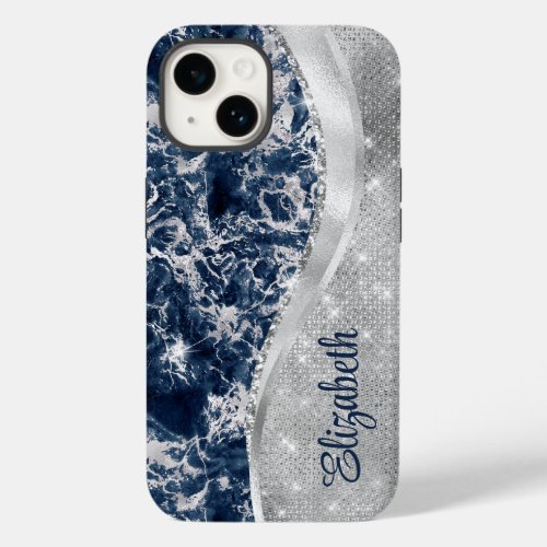 Modern Navy Blue Marble Silver Glitter Monogram Case_Mate iPhone 14 Case