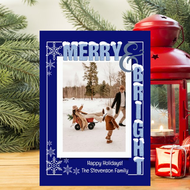 Modern Navy Blue Merry & Bright Retro Typography Holiday Card (Creator Uploaded)