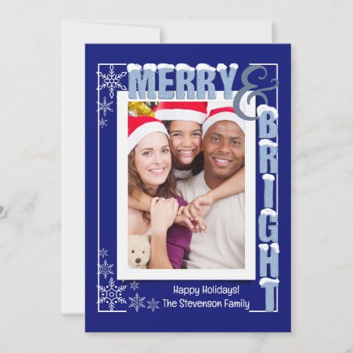 Modern Navy Blue Merry  Bright Retro Typography Holiday Card