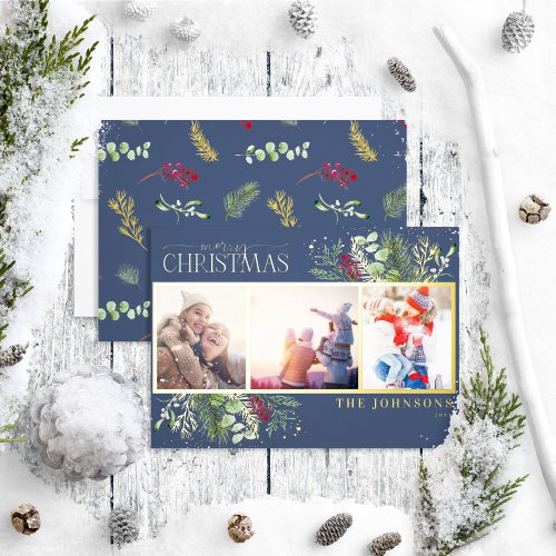 Modern Navy Blue Merry Christmas Script Pine Photo Foil Holiday Card