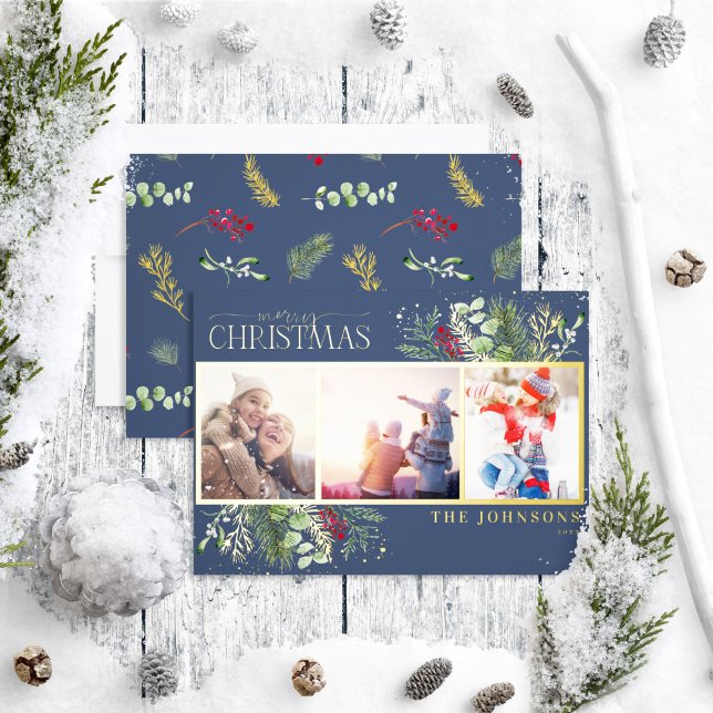 Modern Navy Blue Merry Christmas Script Pine Photo Foil Holiday Card (Creator Uploaded)