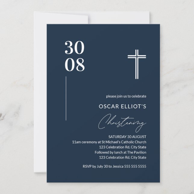 Modern Navy Blue Minimalist Boy Christening Invitation (Front)