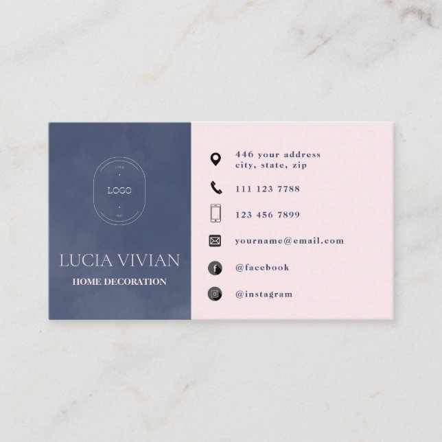 Modern Navy Blue Minimalist Logo Social Media Business Card (Front)