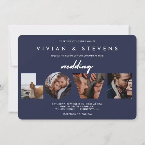 Modern Navy Blue Minimalist Love Photos Wedding Invitation