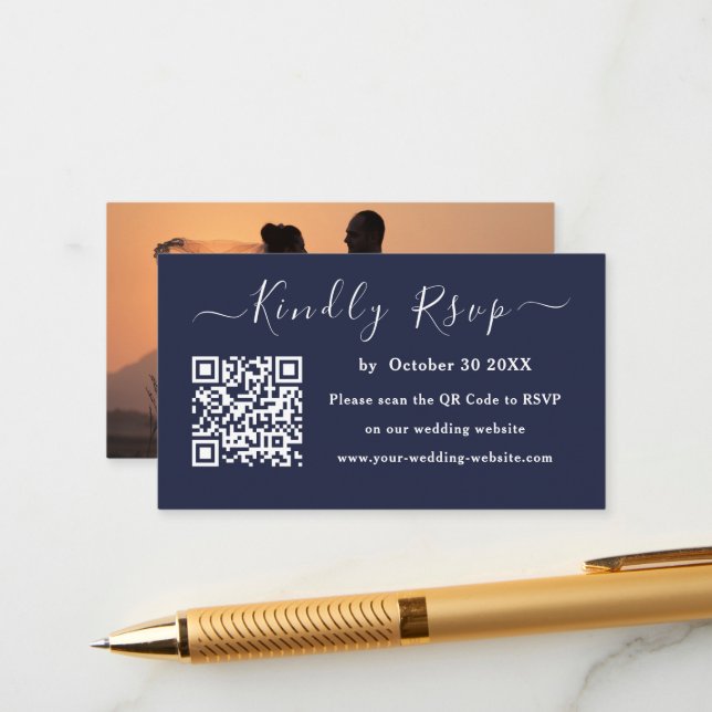 Modern Navy Blue Minimalist Qr Code Rsvp Wedding Enclosure Card (Front/Back In Situ)