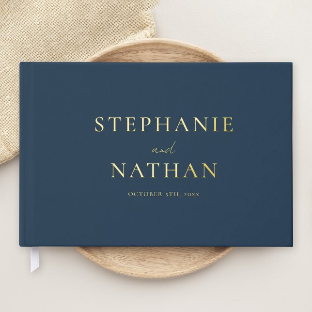 Modern Navy Blue Minimalist Wedding Gold Foil Guest Book (Creator Uploaded)