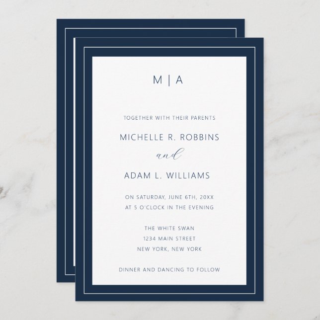 Modern Navy Blue Minimalist Wedding Invitation (Front/Back)