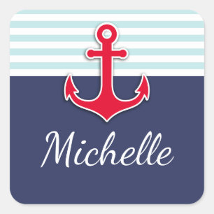 Modern Navy Blue Mint Striped Red Anchor Custom Square Sticker