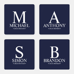 Modern Navy Blue Monogram and Name Groomsman Coaster Set