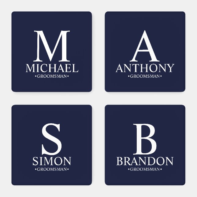 Modern Navy Blue Monogram and Name Groomsman Coaster Set (Set)