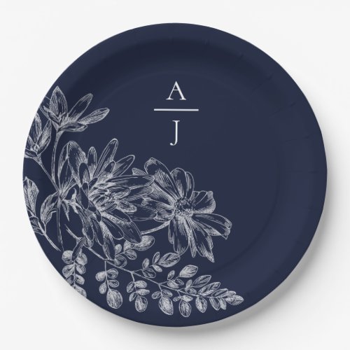 Modern Navy Blue Monogram Floral Paper Plate