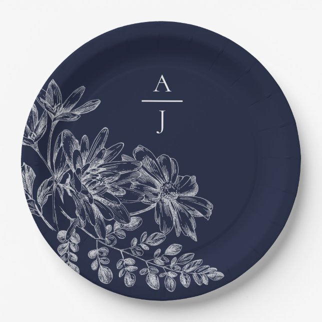 Modern Navy Blue Monogram Floral Paper Plate (Front)