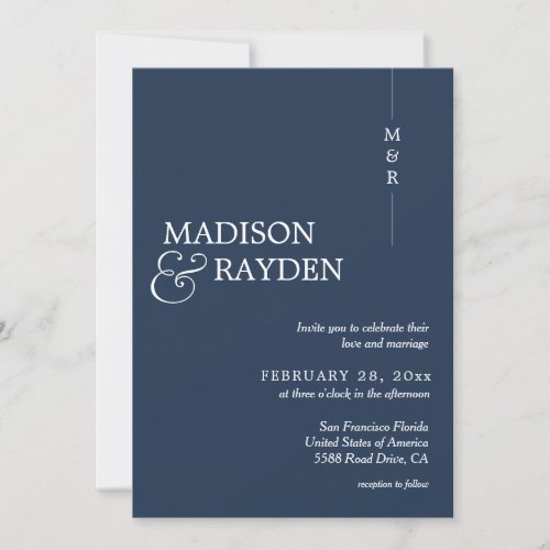 Modern Navy Blue Monogram Photo QR Code Wedding Invitation