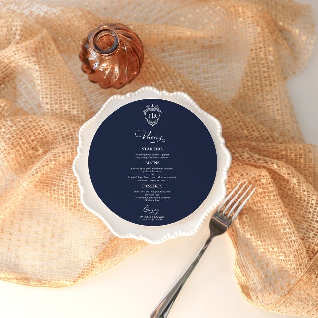 Modern Navy Blue Monogram Round Wedding Menu Card (Creator Uploaded)