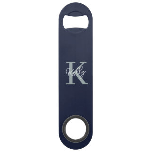 Modern Navy Blue Monogram Script Bar Key