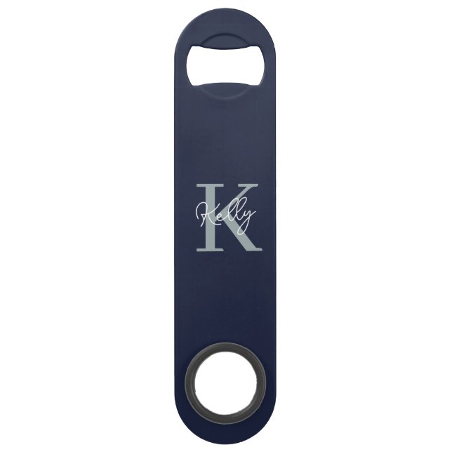 Modern Navy Blue Monogram Script Bar Key (Front)