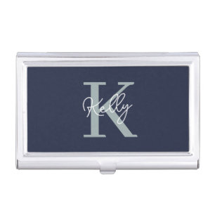 Modern Navy Blue Monogram Script Business Card Case
