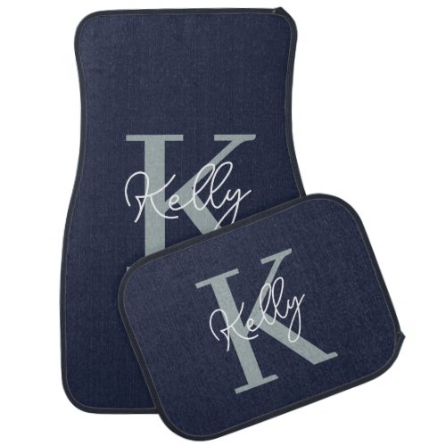 Modern Navy Blue Monogram Script Car Floor Mat