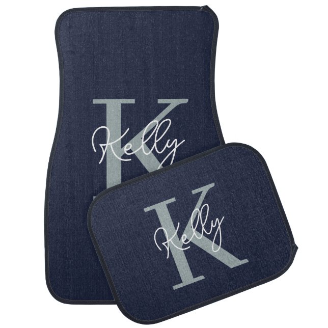 Modern Navy Blue Monogram Script Car Floor Mat (Set)