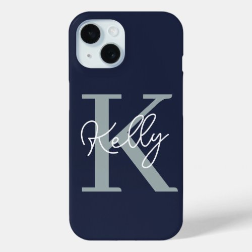 Modern Navy Blue Monogram Script iPhone 15 Case