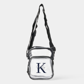 Modern Navy Blue Monogram Script Clear Crossbody
