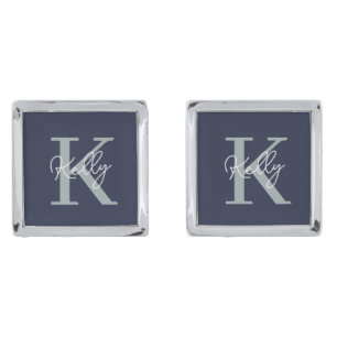Modern Navy Blue Monogram Script Cufflinks