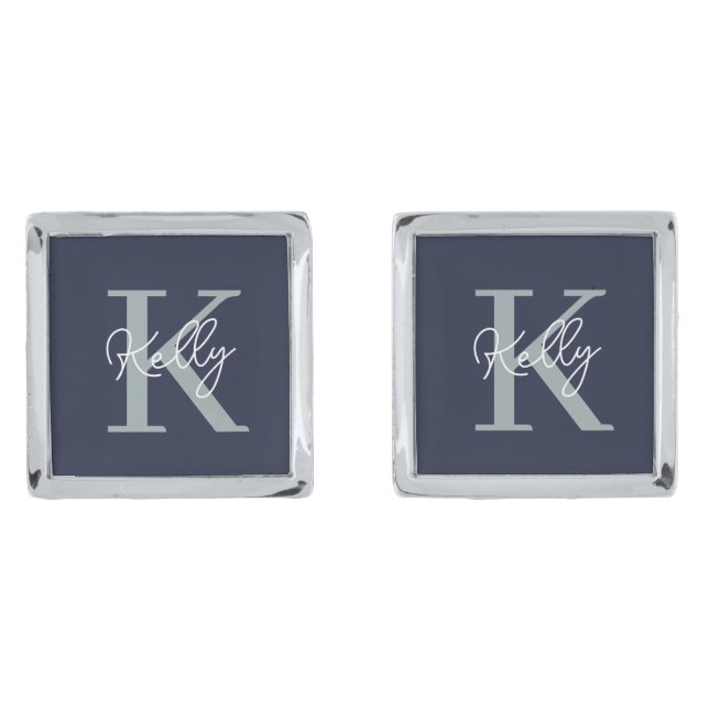 Modern Navy Blue Monogram Script Cufflinks (Front)