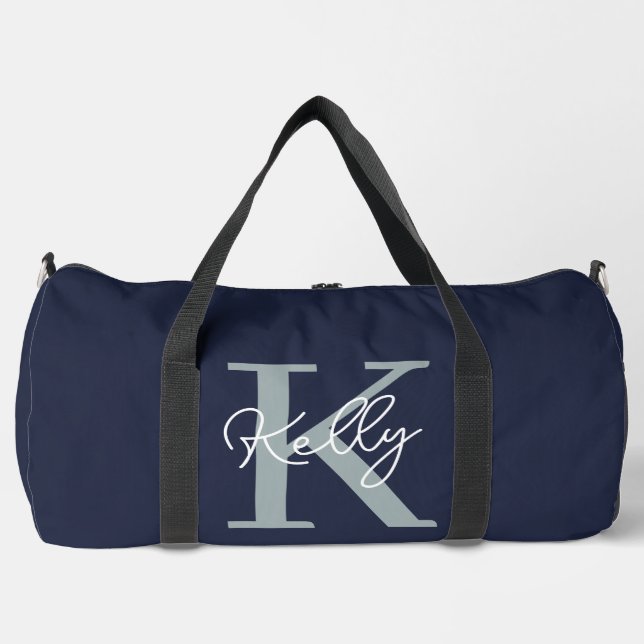 Modern Navy Blue Monogram Script Duffle Bag (Front)