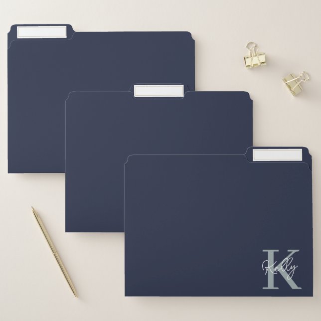 Modern Navy Blue Monogram Script File Folder (Set)