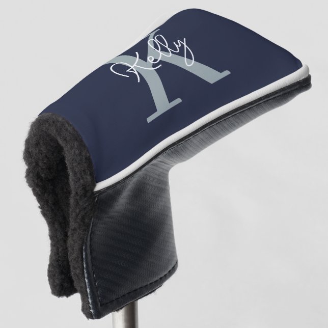 Modern Navy Blue Monogram Script Golf Head Cover (3/4 Front)