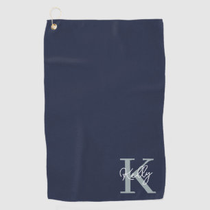 Modern Navy Blue Monogram Script Golf Towel