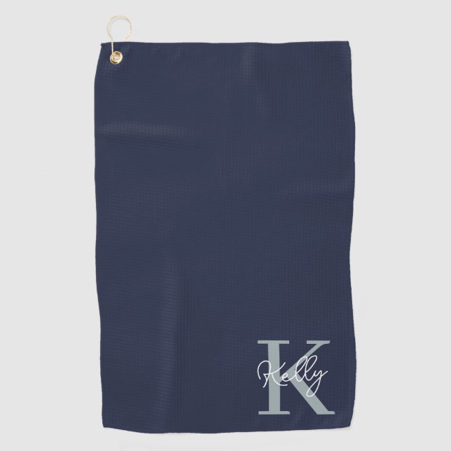 Modern Navy Blue Monogram Script Golf Towel (Front)
