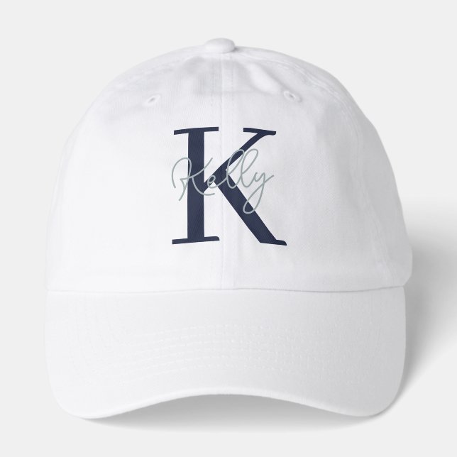 Modern Navy Blue Monogram Script Hat (Front)