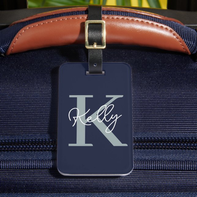 Modern Navy Blue Monogram Script Luggage Tag (Front Insitu 2)