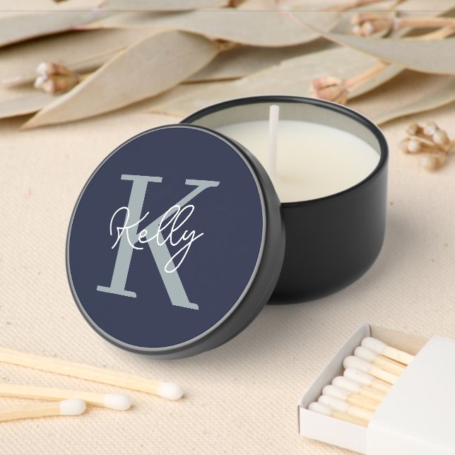 Modern Navy Blue Monogram Script Mini Candle Favors (Insitu)