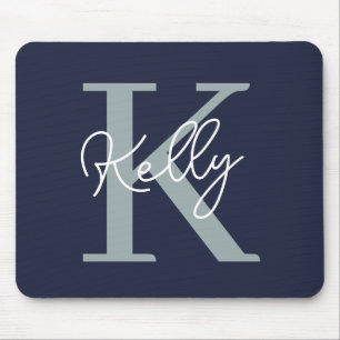 Modern Navy Blue Monogram Script Mouse Pad
