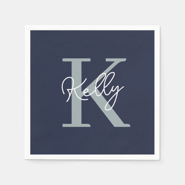 Modern Navy Blue Monogram Script Napkins (Front)