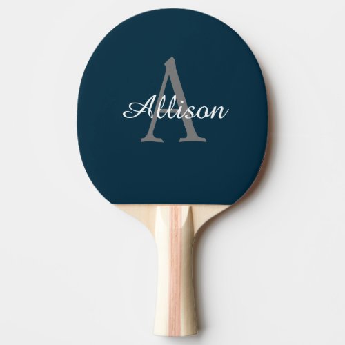 Modern Navy Blue Monogram Script Personalized Ping Pong Paddle